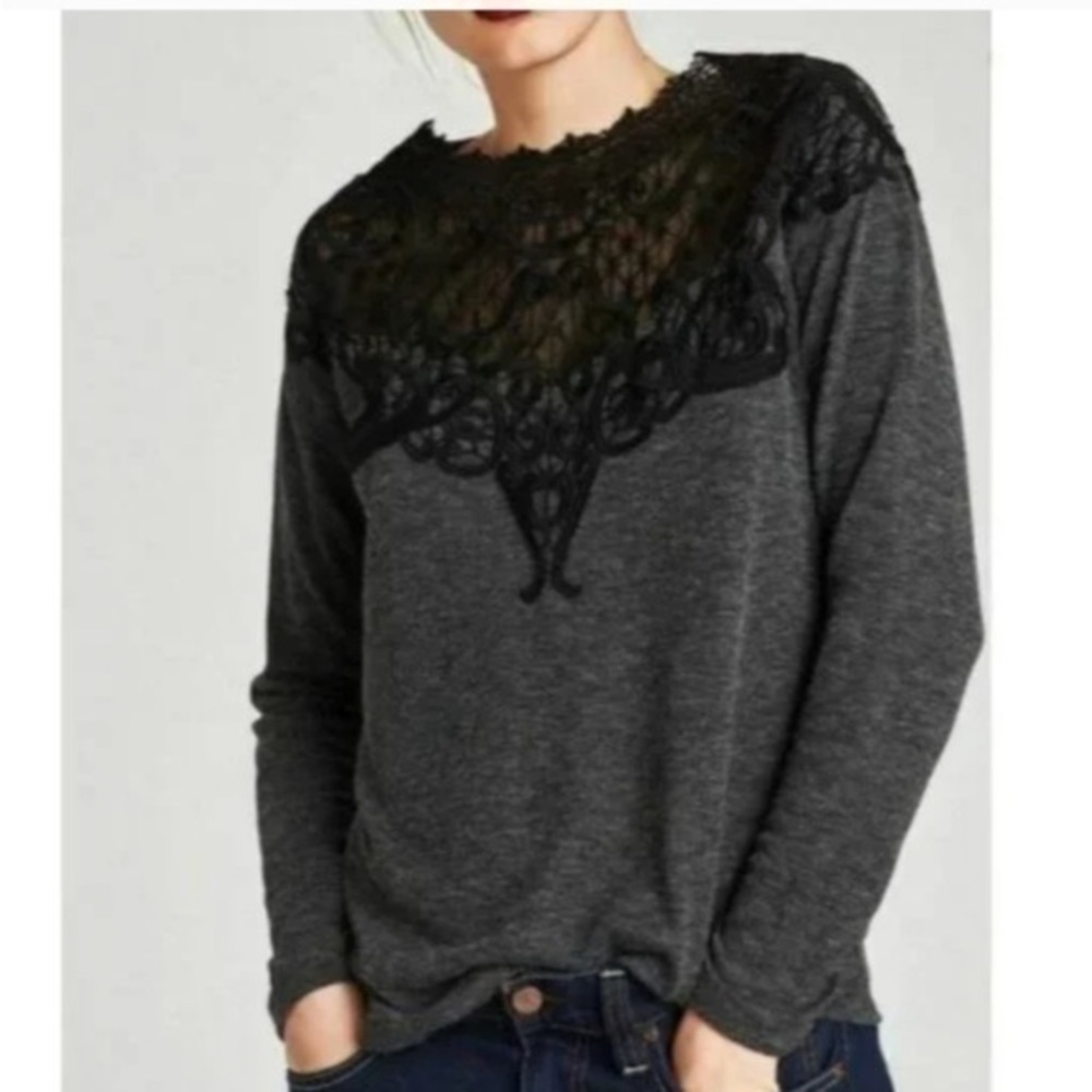 Zara Contrast Crochet Knit Lace Blouse Gray Size Medium